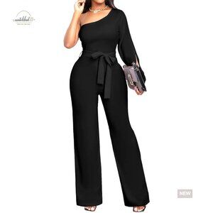 Elegant Off Shoulder Jumpsuit Long Straight Pants Ruffle Sleeve Formal Wear